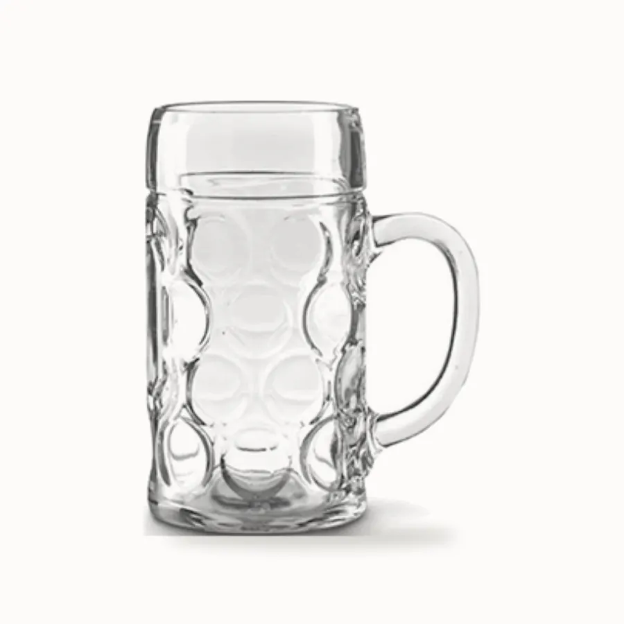 Stor ølseidel i glass med hank og runde fordypninger