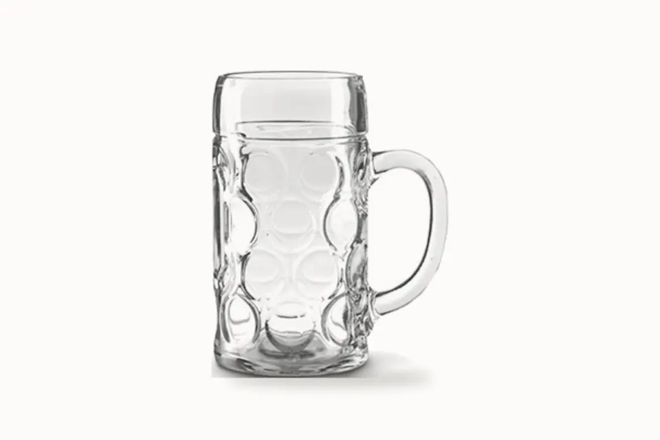 Stor ølseidel i glass med hank og runde fordypninger